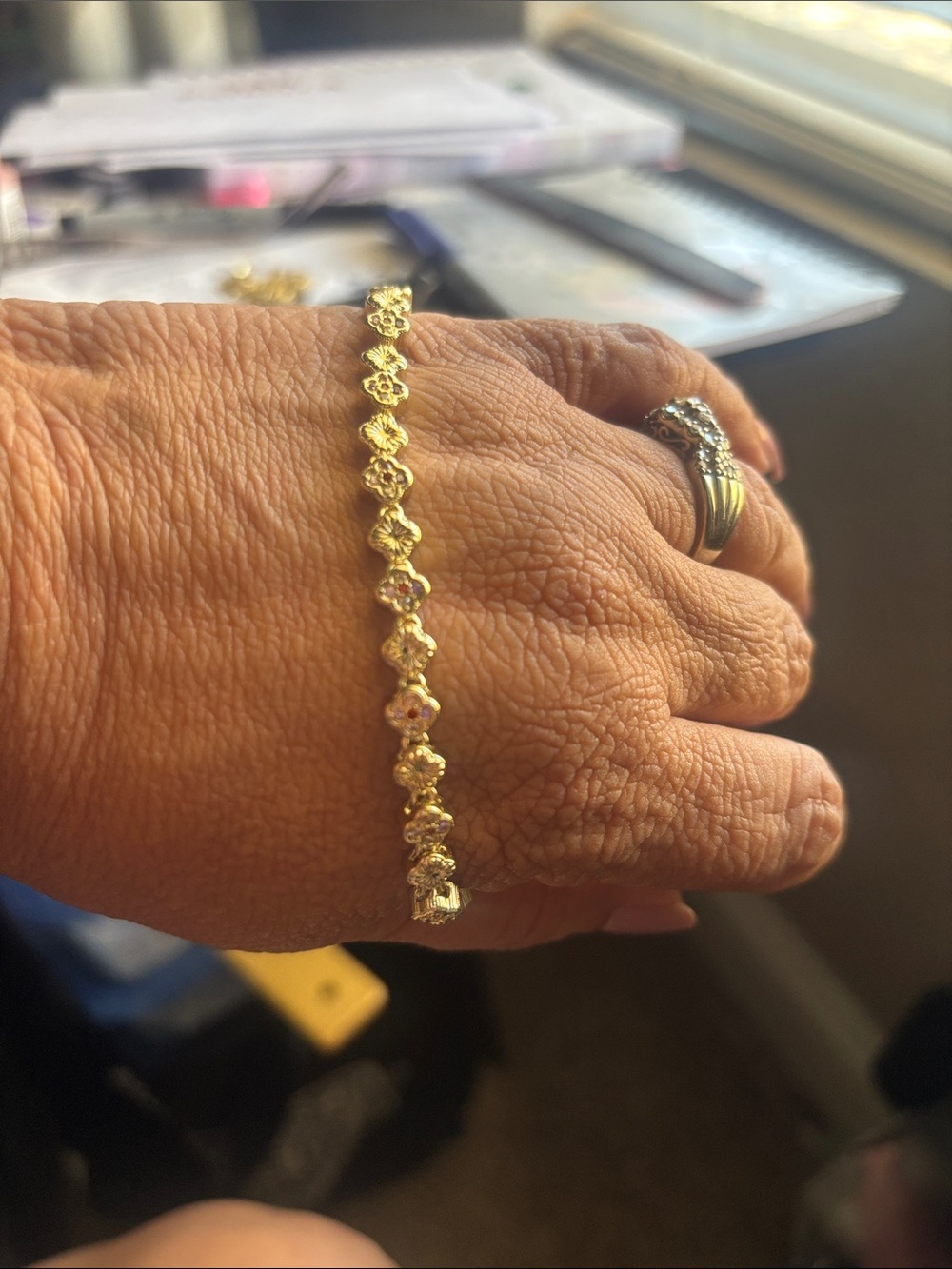 Gold Flower Link Bracelet w small crystals- Women's Jewelry